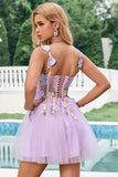 Elegant Purple A Line Halter Flowers Tulle Short Prom Dress with Lace Up Back