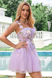 Elegant Purple A Line Halter Flowers Tulle Short Prom Dress with Lace Up Back