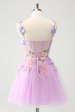 Elegant Purple A Line Halter Flowers Tulle Short Prom Dress with Lace Up Back