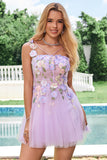 Elegant Purple A Line Halter Flowers Tulle Short Prom Dress with Lace Up Back