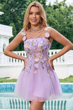 Elegant Purple A Line Halter Flowers Tulle Short Prom Dress with Lace Up Back