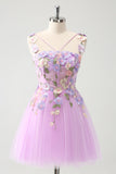 Purple A Line Halter Flowers Tulle Short Prom Dress