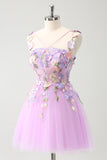 Purple A Line Halter Flowers Tulle Short Prom Dress