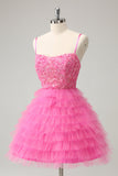 Glitter Pink A Line Spaghetti Straps Tiered Flowers Tulle Cute Prom Dress