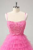 Glitter Pink A Line Spaghetti Straps Tiered Flowers Tulle Cute Prom Dress