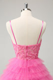 Glitter Pink A Line Spaghetti Straps Tiered Flowers Tulle Cute Prom Dress