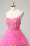 Glitter Pink A Line Spaghetti Straps Tiered Flowers Tulle Cute Prom Dress