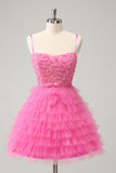 Glitter Pink A Line Spaghetti Straps Tiered Flowers Tulle Cute Prom Dress