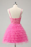 Glitter Pink A Line Spaghetti Straps Tiered Flowers Tulle Cute Prom Dress