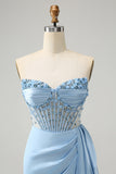 Sparkly Blue Bodycon Sweetheart Corset Prom Dress with Beading