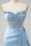 Sparkly Blue Bodycon Sweetheart Corset Prom Dress with Beading