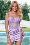 Unique Sparkly Tight Corset Sequin Pleated Purple Prom Dress with Appliques