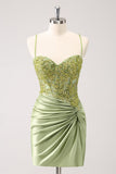 Sparkly Army Green Lace-Up Back Appliques Pleated Prom Dress