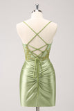 Sparkly Army Green Lace-Up Back Appliques Pleated Prom Dress