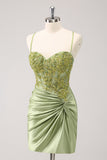 Sparkly Army Green Lace-Up Back Appliques Pleated Prom Dress