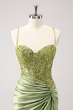 Sparkly Army Green Lace-Up Back Appliques Pleated Prom Dress