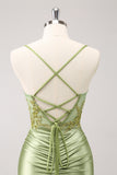 Sparkly Army Green Lace-Up Back Appliques Pleated Prom Dress