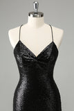 Stylish Glitter Black Sequins Tight Halter Prom Dress with Lace Up Back