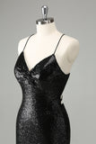 Stylish Glitter Black Sequins Tight Halter Prom Dress with Lace Up Back