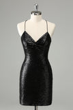 Stylish Glitter Black Sequins Tight Halter Prom Dress with Lace Up Back