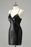 Stylish Glitter Black Sequins Tight Halter Prom Dress with Lace Up Back