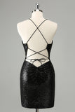 Stylish Glitter Black Sequins Tight Halter Prom Dress with Lace Up Back