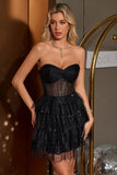 Sparkly Cute A Line Black Sweetheart Tiered Corset Prom Dress