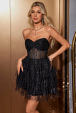 Sparkly Cute A Line Black Sweetheart Tiered Corset Prom Dress