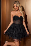 Sparkly Cute A Line Black Sweetheart Tiered Corset Prom Dress