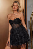 Sparkly Cute A Line Black Sweetheart Tiered Corset Prom Dress