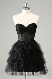 Sparkly A Line Black Sweetheart Tiered Corset Cute Prom Dress