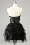 Sparkly A Line Black Sweetheart Tiered Corset Cute Prom Dress