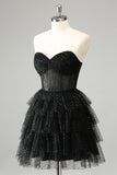 Sparkly A Line Black Sweetheart Tiered Corset Cute Prom Dress