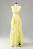 Lemon Yellow A Line Cut Out Ruffled Bridesmaid Dress with Slit