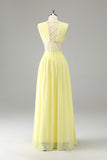 Lemon Yellow A Line Cut Out Ruffled Bridesmaid Dress with Slit