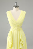 Lemon Yellow A Line Cut Out Long Bridesmaid Dress with Ruffles