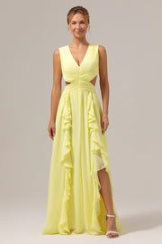 Lemon Yellow A Line Cut Out Ruffled Bridesmaid Dress with Slit