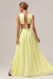 Lemon Yellow A Line Cut Out Long Bridesmaid Dress with Ruffles