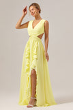 Lemon Yellow A Line Cut Out Ruffled Bridesmaid Dress with Slit