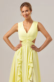 Lemon Yellow A Line Cut Out Ruffled Bridesmaid Dress with Slit