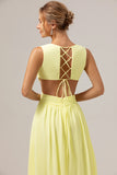 Lemon Yellow A Line Cut Out Ruffled Bridesmaid Dress with Slit