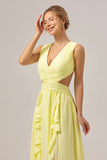 Lemon Yellow A Line Cut Out Ruffled Bridesmaid Dress with Slit