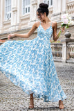 White Blue Flower Pleated A Line Floral Wedding Guest Dress