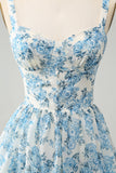 White Blue Corset Tiered A Line Floral Wedding Guest Dress