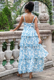 White Blue Corset Tiered Floral Wedding Guest Dress