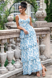 White Blue Corset Tiered A Line Floral Wedding Guest Dress