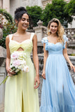 Sky Blue A Line Pleated Chiffon Wedding Guest Dress with Slit