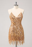 Gold Sequins Bodycon  Short Prom Dress with Tassel