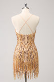 Gold Sequins Bodycon  Short Prom Dress with Tassel