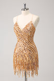 Gold Sequins Bodycon  Short Prom Dress with Tassel